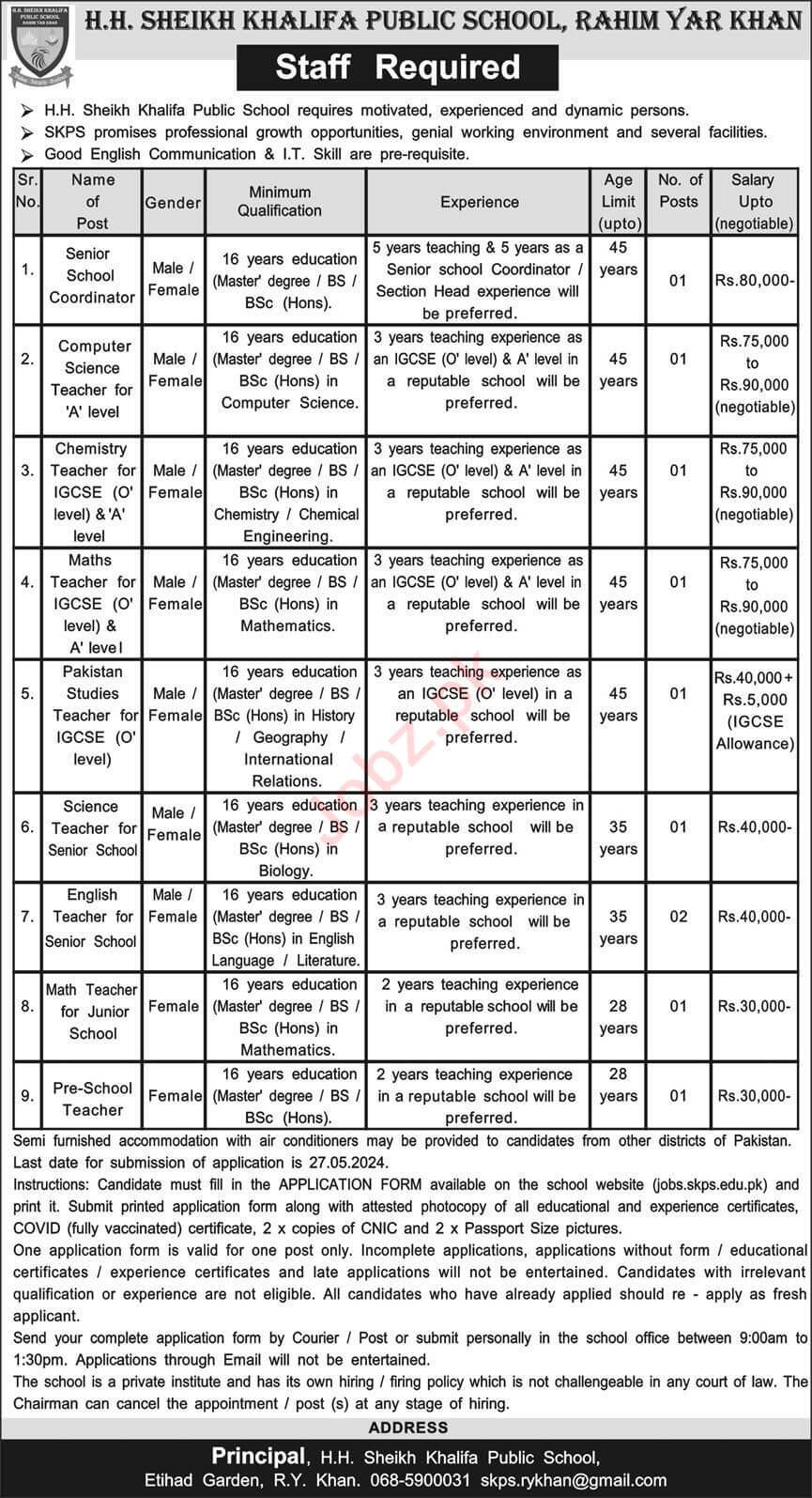 H. H. Sheikh Khalifa Public School RYK Latest Teaching Jobs 2024