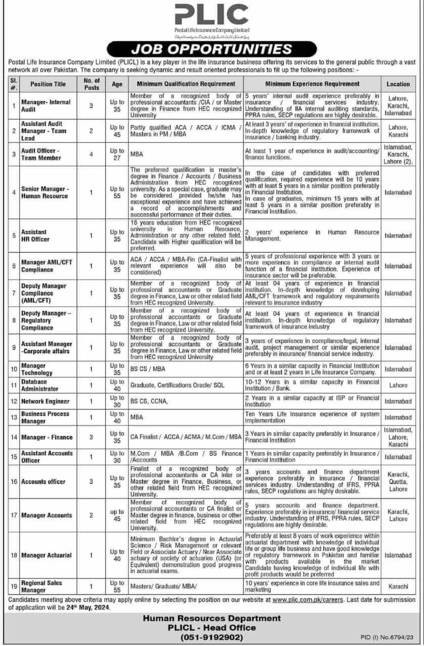 Latest Management Staff Jobs in Postal Life Insurance Company 2024