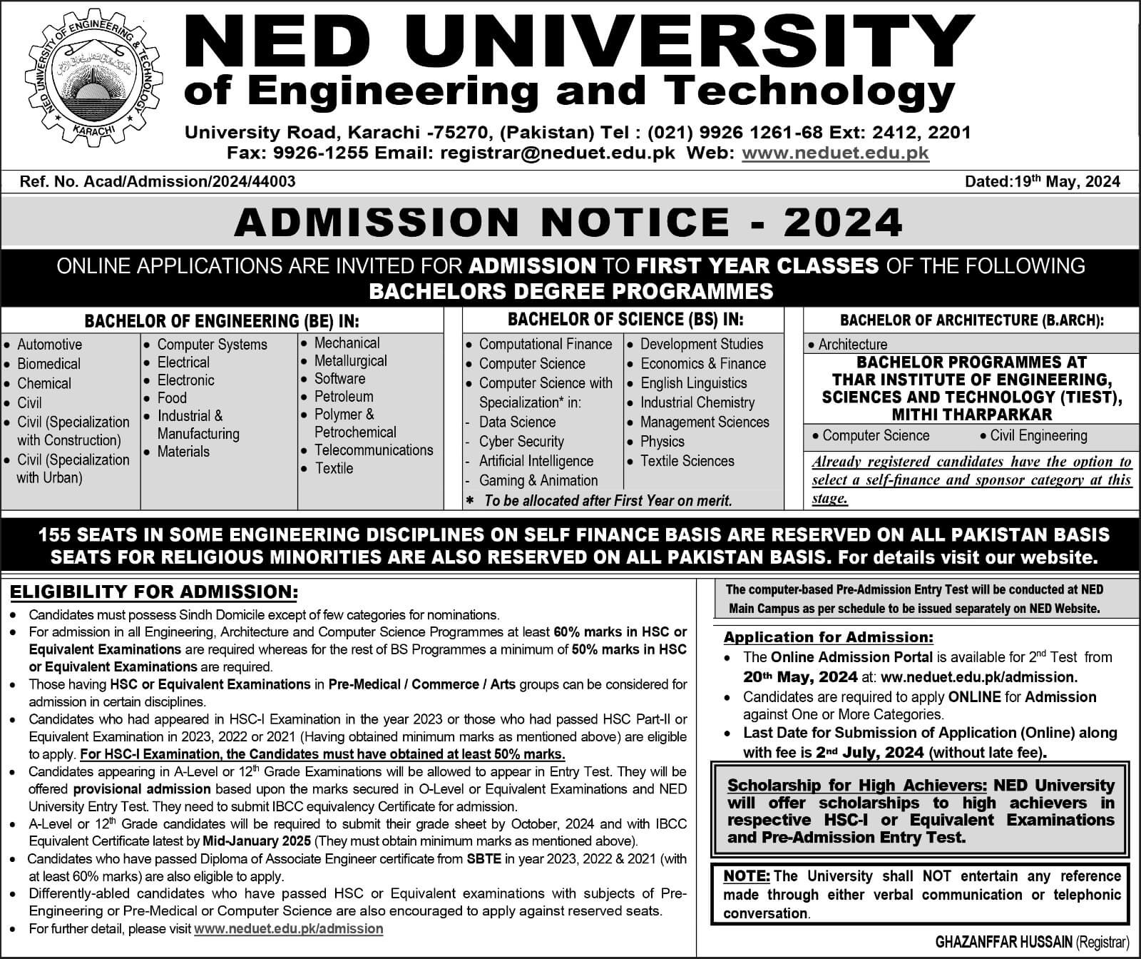 NED University Undergraduate Admissions Phase II 2024