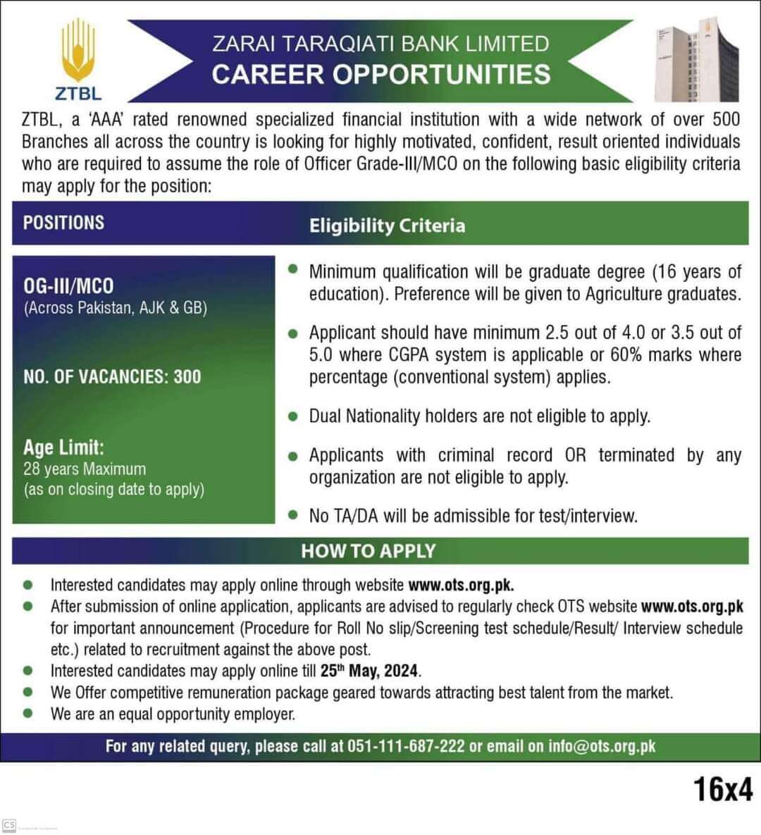 300 OG-III / MCO Jobs in ZTBL 2024 | Banking Jobs in Pakistan