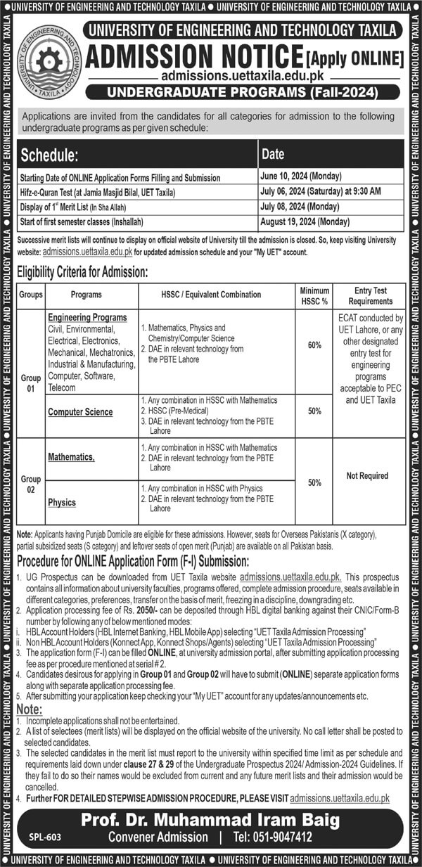 UET Taxila Undergraduate Programs Fall Admissions 2024-25