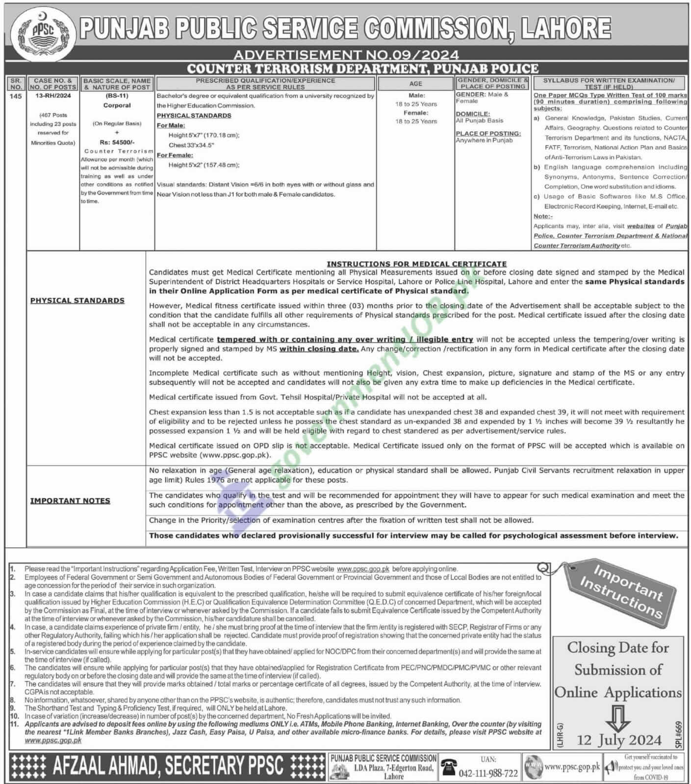 Counter Terrorism Department CTD BPS-11 Jobs through PPSC