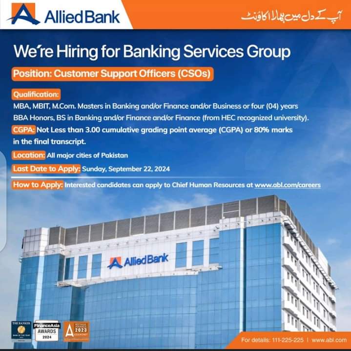 Allied Bank Customer Support Officer Jobs 2024 | ABL Jobs