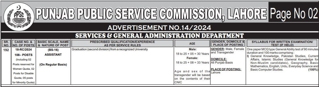 Latest Assistant Jobs 2024 in S & GAD Punjab | PPSC Jobs 2024