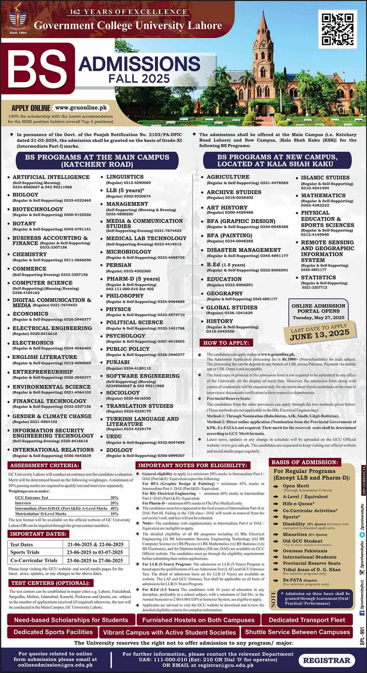 GCU Lahore BS Fall Admissions 2025 | GCU Admission