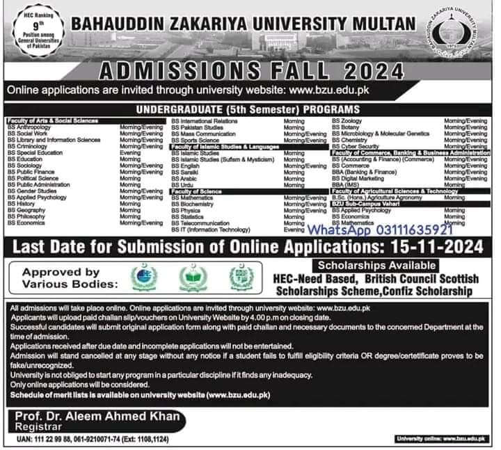 Bahauddin Zakariya University BZU BS 5th Fall Admissions 2024