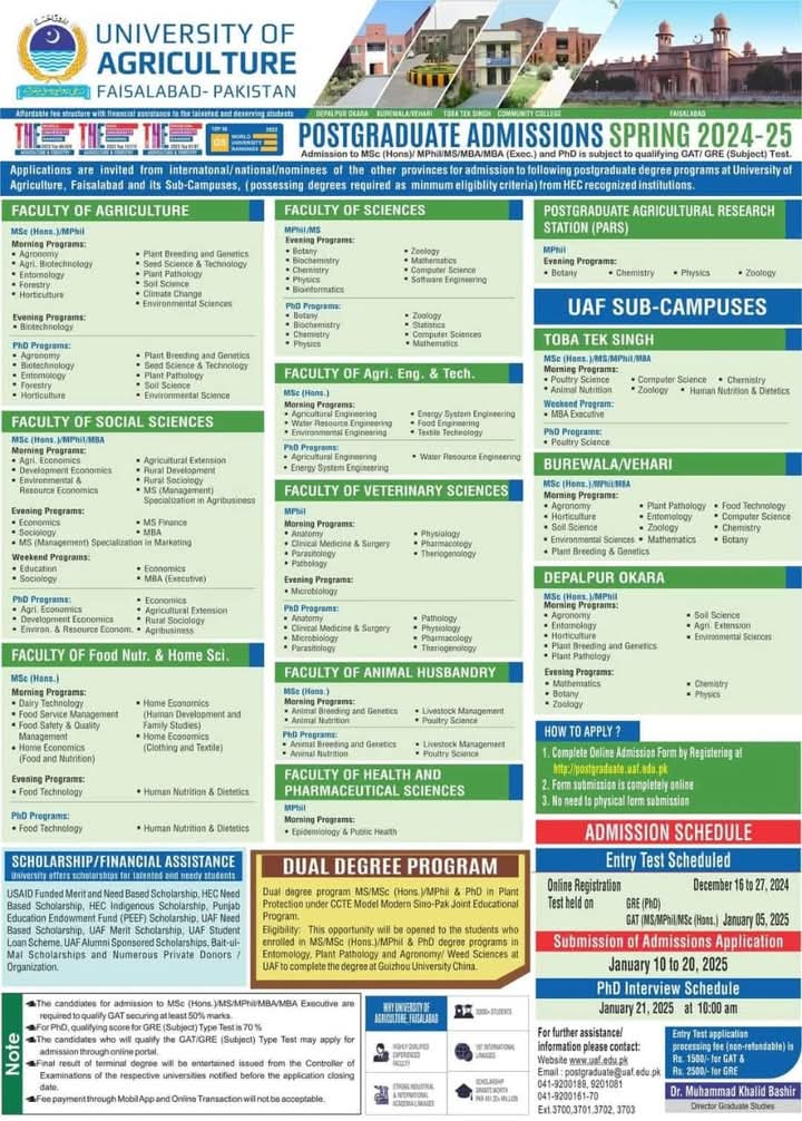 University of Agriculture Faisalabad MPhil PhD Spring Admissions 2024