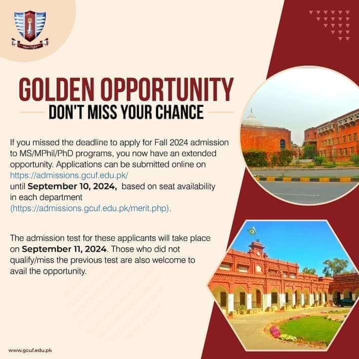 GC University Faisalabad GCUF BEd MPhil MBA Fall Admissions 2024