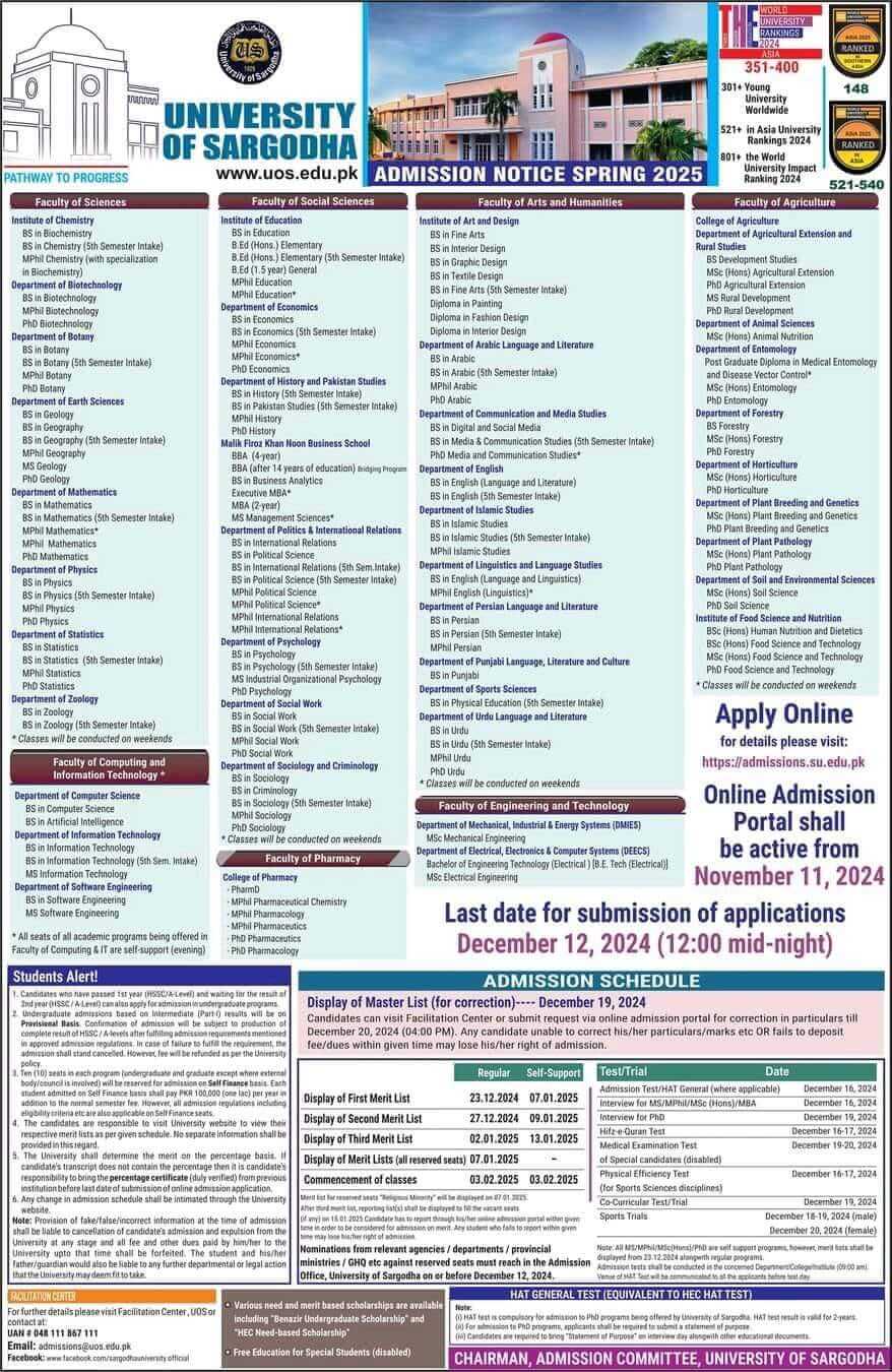 University of Sargodha UoS BS/MPhil/PhD Spring Admissions 2024