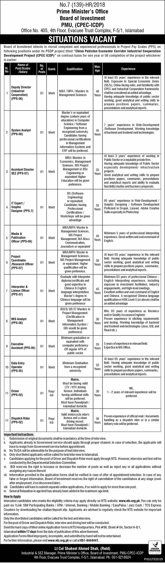 Board of Investment NTS Jobs 2026 l CPEC-ICDP Careers Jobs