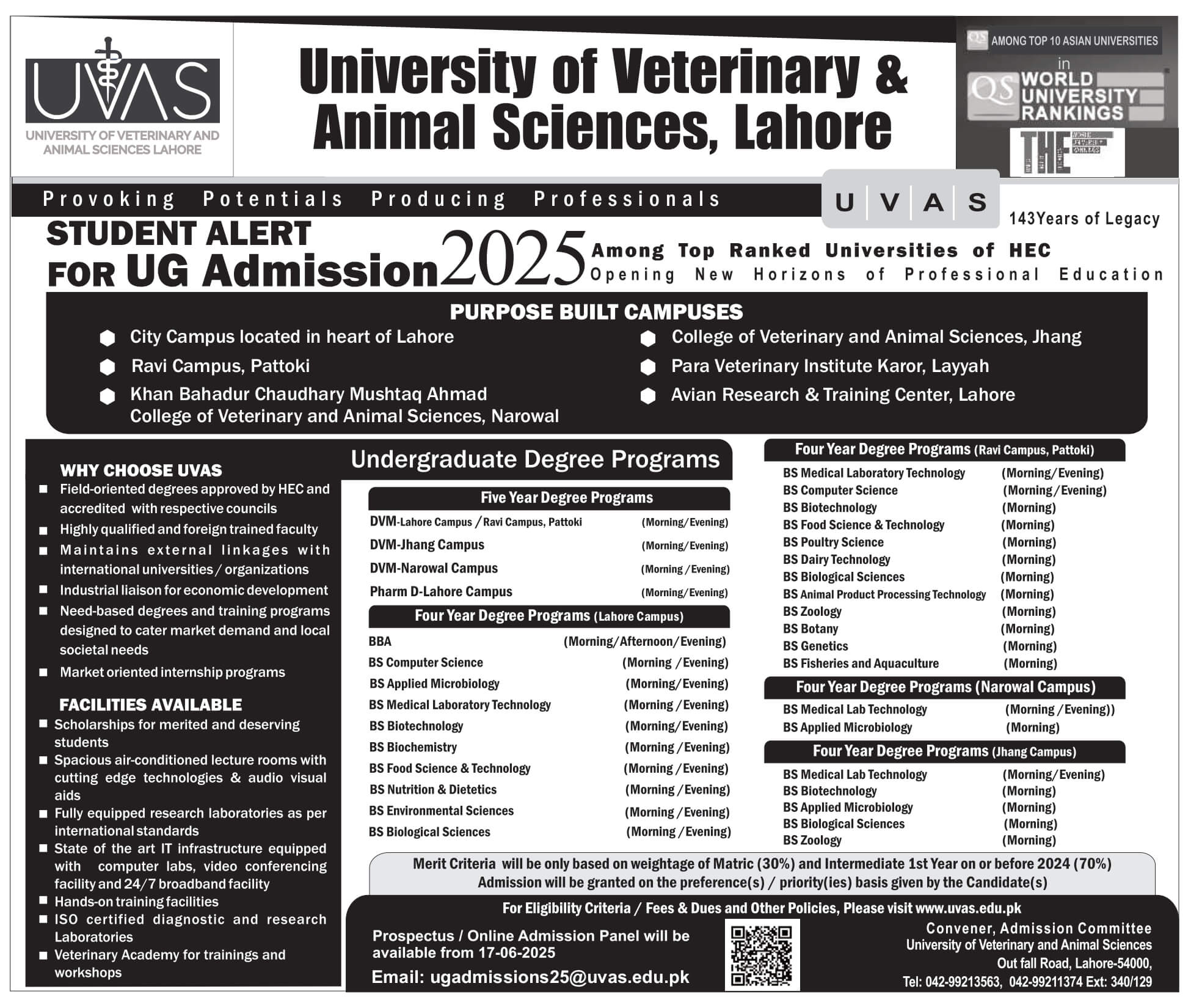 UVAS Lahore Fall Admissions 2025 | UVAS UG Admissions