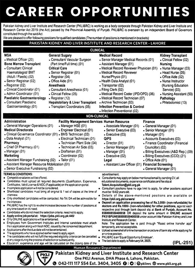 PKLI Lahore Jobs 2025 | Pakistan Kidney and Liver Institute Latest Jobs
