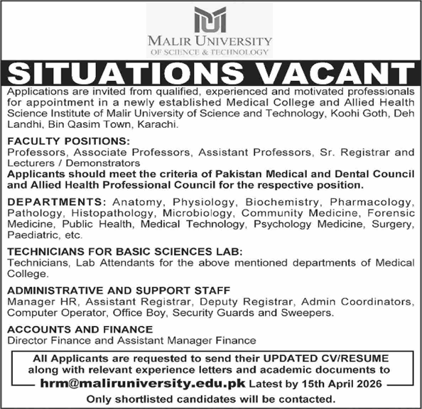 Malir University Karachi Jobs 2026 | Teaching Faculty Jobs 2026