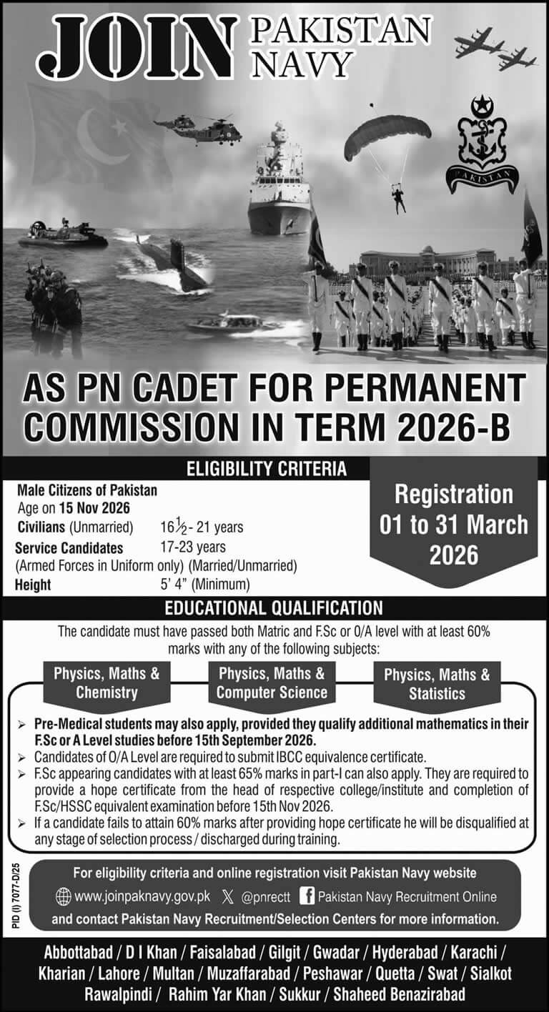 Join Pakistan Navy as PN Cadet | Permanent Commission 2026-B