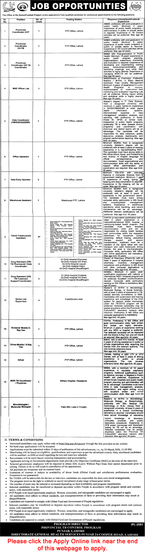 Provincial TB Control Program Govt Jobs 2026 in all Punjab Districts