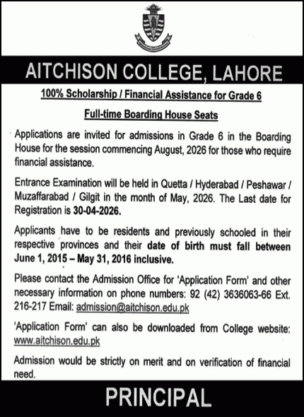 Aitchison College Lahore Grade 6 Boarding Scholarship Program 2026
