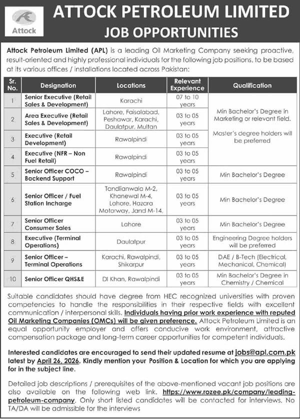 Attock Petroleum Limited Jobs 2026 APL Govt Jobs In Pakistan