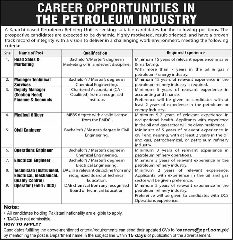 ENAR Petroleum Refining Facility Karachi Jobs 2026 Govt Jobs in Pakistan