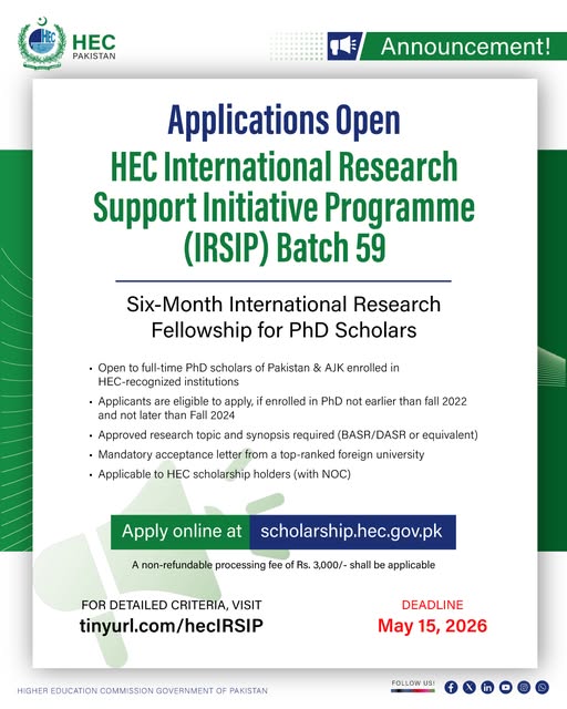 HEC International Research Support IRSIP Scholarship 2026 For PhD Students