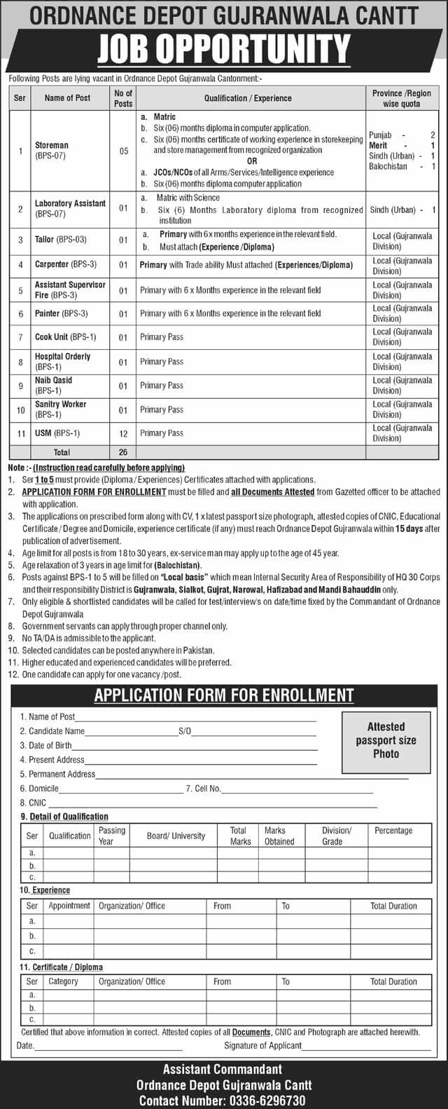 Ordnance Depot Gujranwala Cantt Jobs 2026