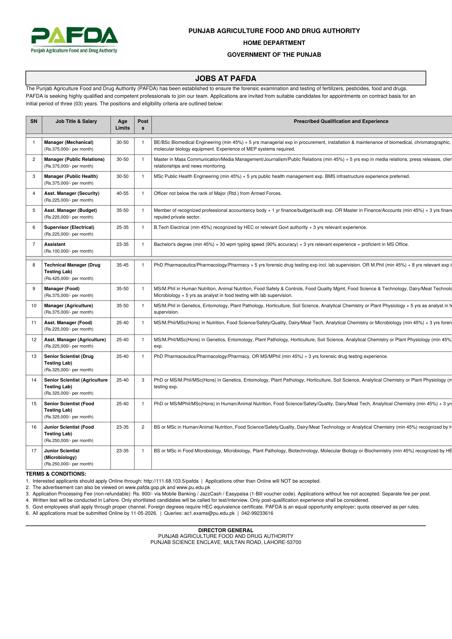 PAFDA Jobs 2026 | Pakistan Agriculture Food and Drug Authority Govt Jobs