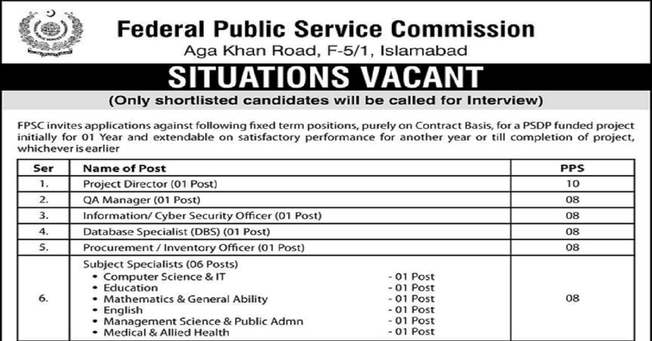 FPSC Latest Jobs 2026 Apply Online Subject Specialists