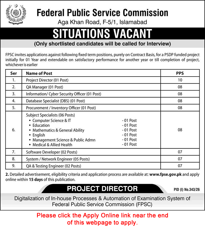 FPSC Latest Jobs 2026 Apply Online Subject Specialists