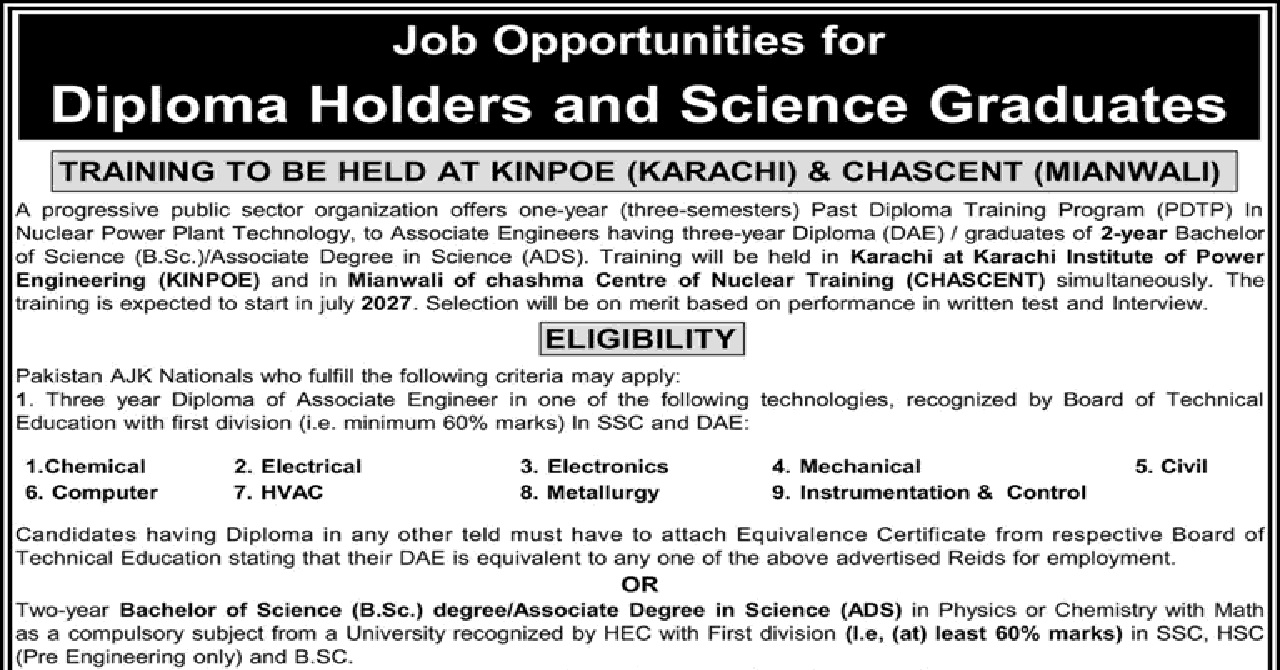 KINPOE & CHASCENT PDTP jobs 2026 for DAE Diploma Holders & Science Graduates