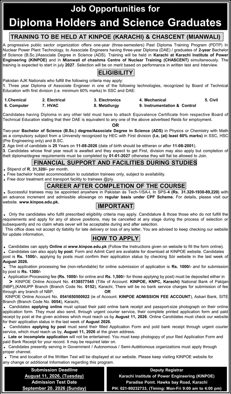 KINPOE & CHASCENT PDTP jobs 2026 for DAE Diploma Holders & Science Graduates